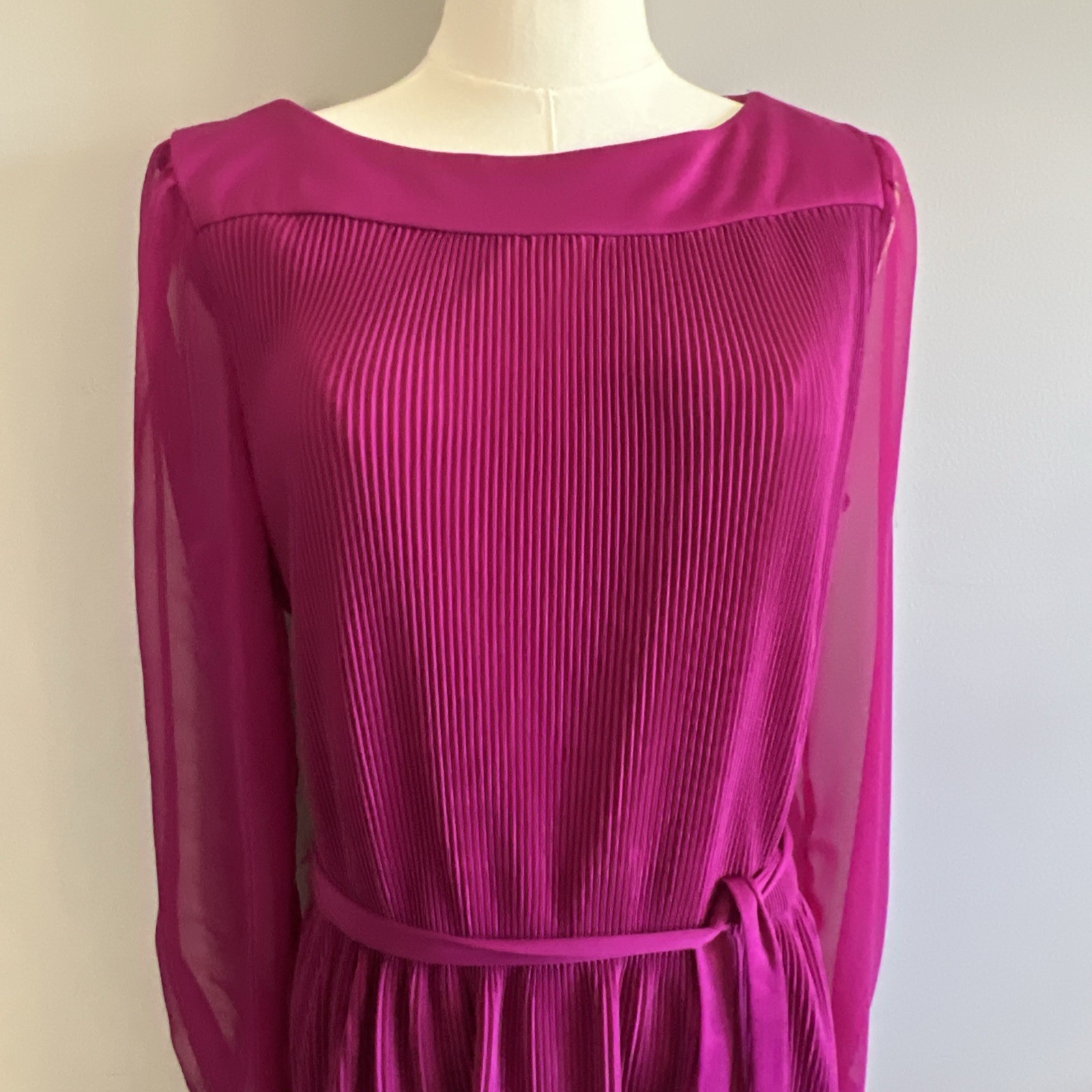 VTG Amy-Deb 80’s Magenta Accordion Dress Sheer Arms Career Feminine Romantic 16
