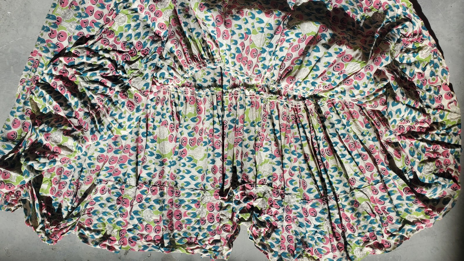 Vintage 40s R & K KNITS Rayon Pink Teal Floral Dress Tiered Ruching ART DECO XS
