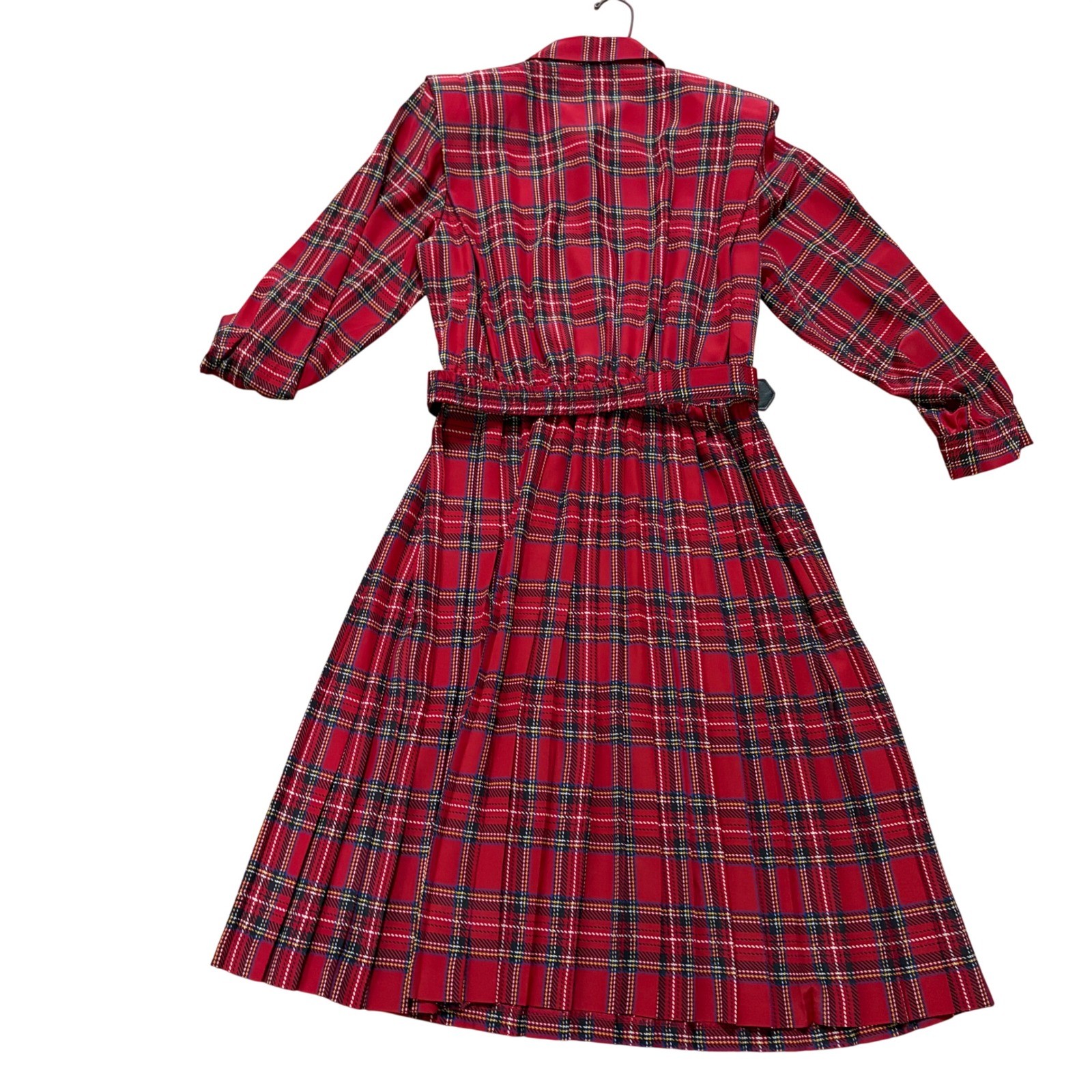 Leslie Fay Vintage Red Plaid Midi Secretary Dress Belted Pleated 18WP Petite