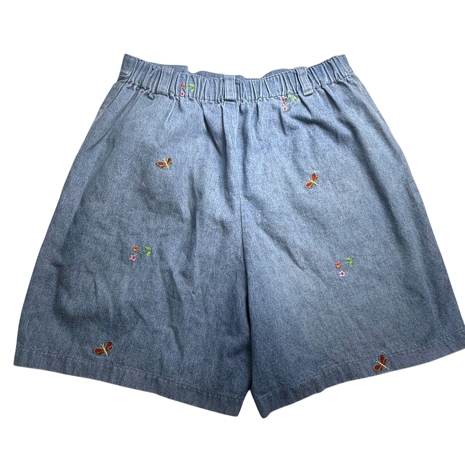 Vintage Denim High Rise Granny Shorts Embroidered Butterfly Floral Light Wash 16