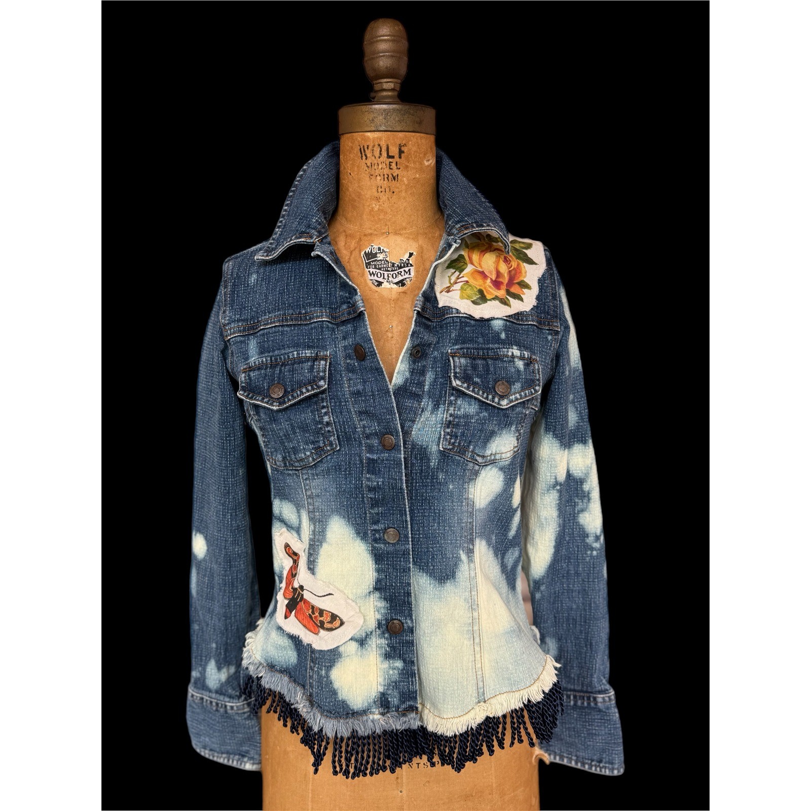 Upcycled Butterfly Jean Jacket | Bleached Fringe Denim | Size S