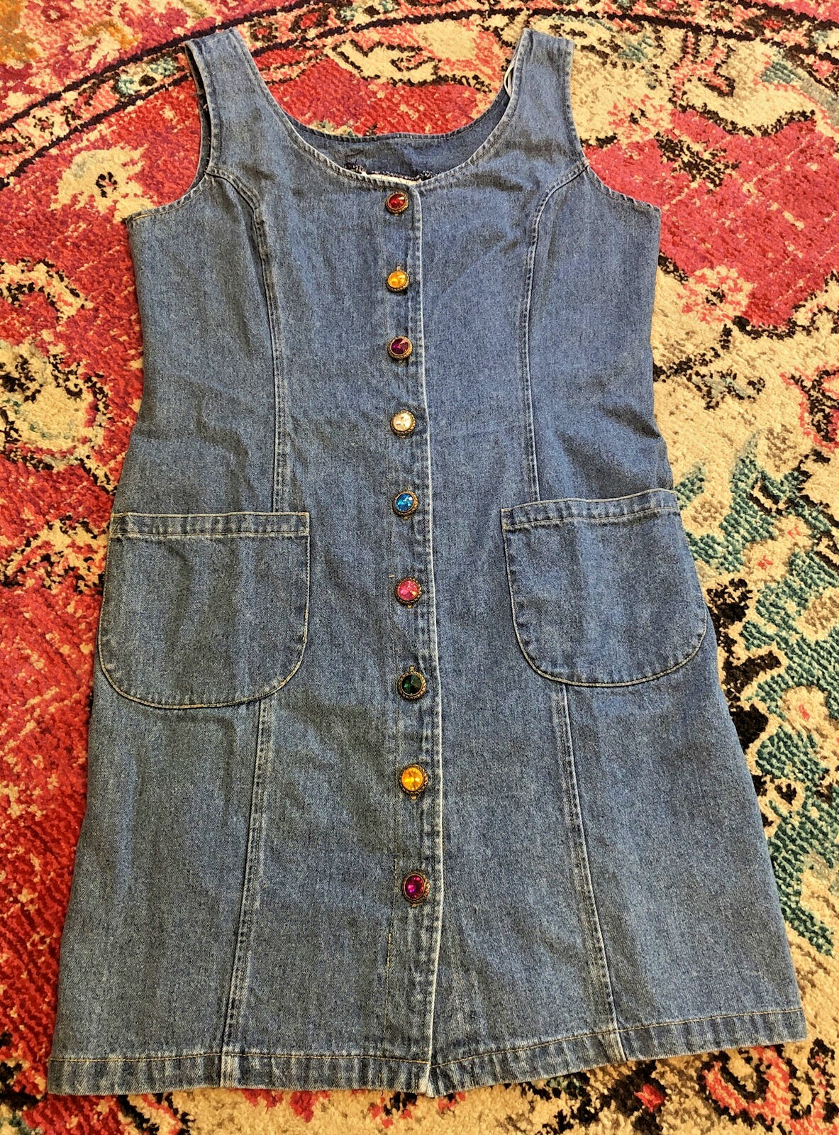 Vtg In Charge Sz L Denim Jumper Sleeveless Jewel Button Down Dress HO