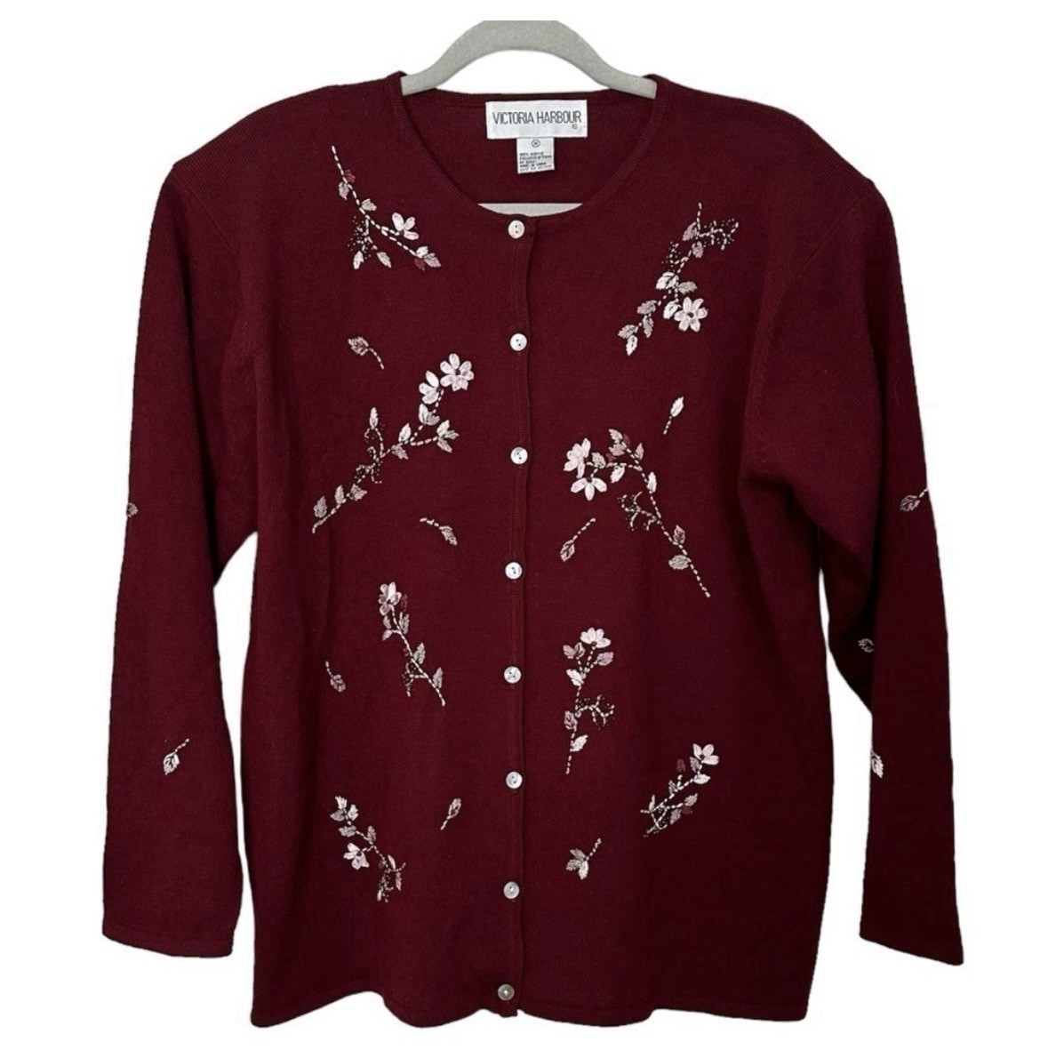 Victoria Harbour Vtg Cardigan Burgandy Beaded Cottagecore Granny Embroidery Sz M
