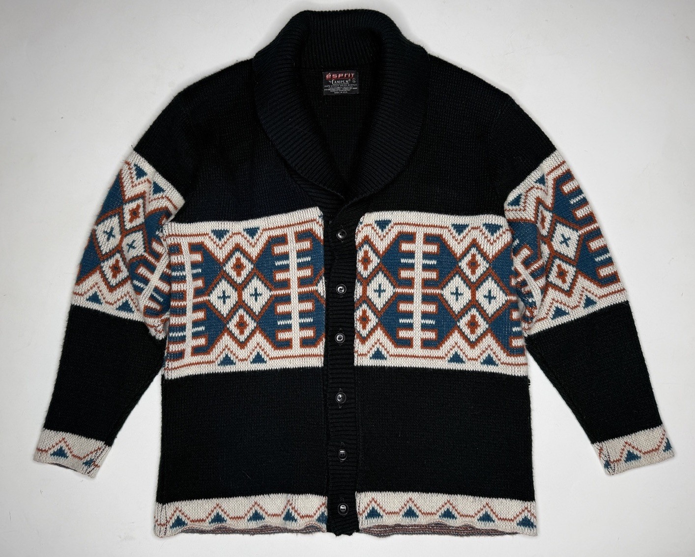 Vintage Espirit By Campus Orlon Acrylic Aztec Shawl Collar Cardigan Sweater L