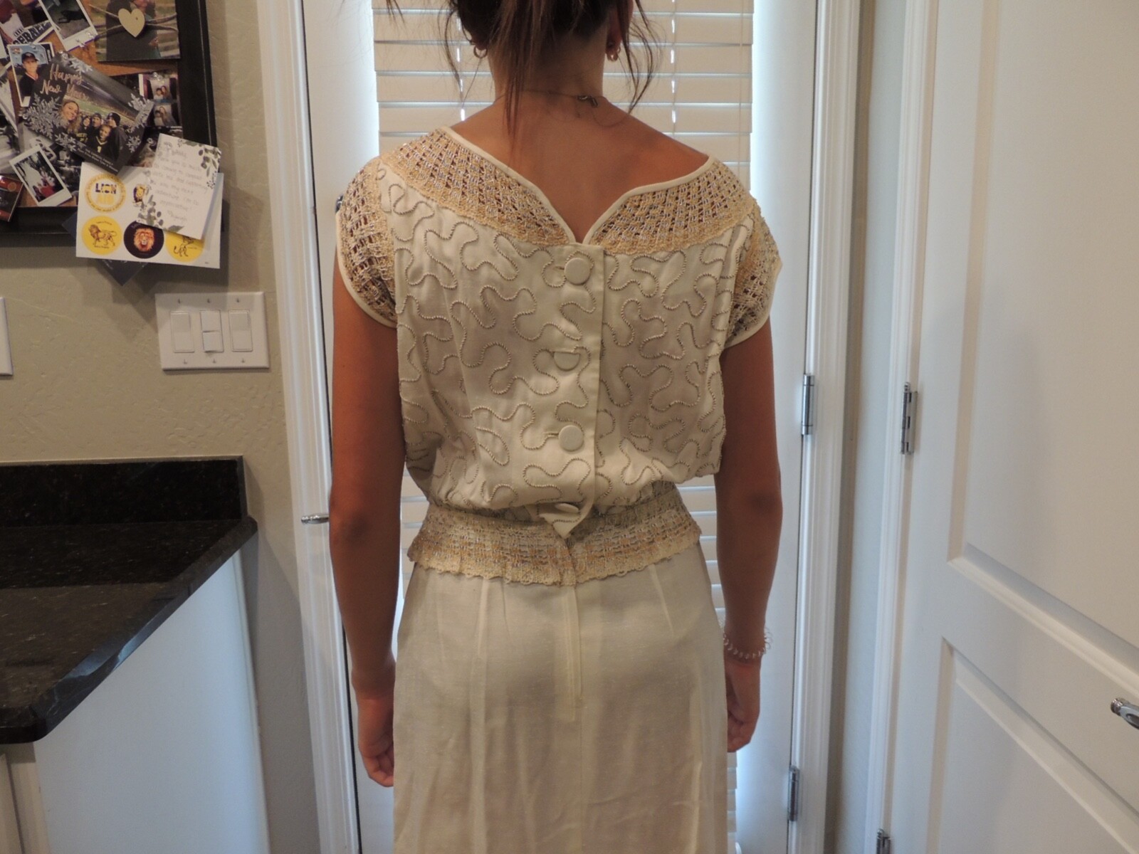 Vintage Paul Sachs Original Dress cream & gold accent fitted button back