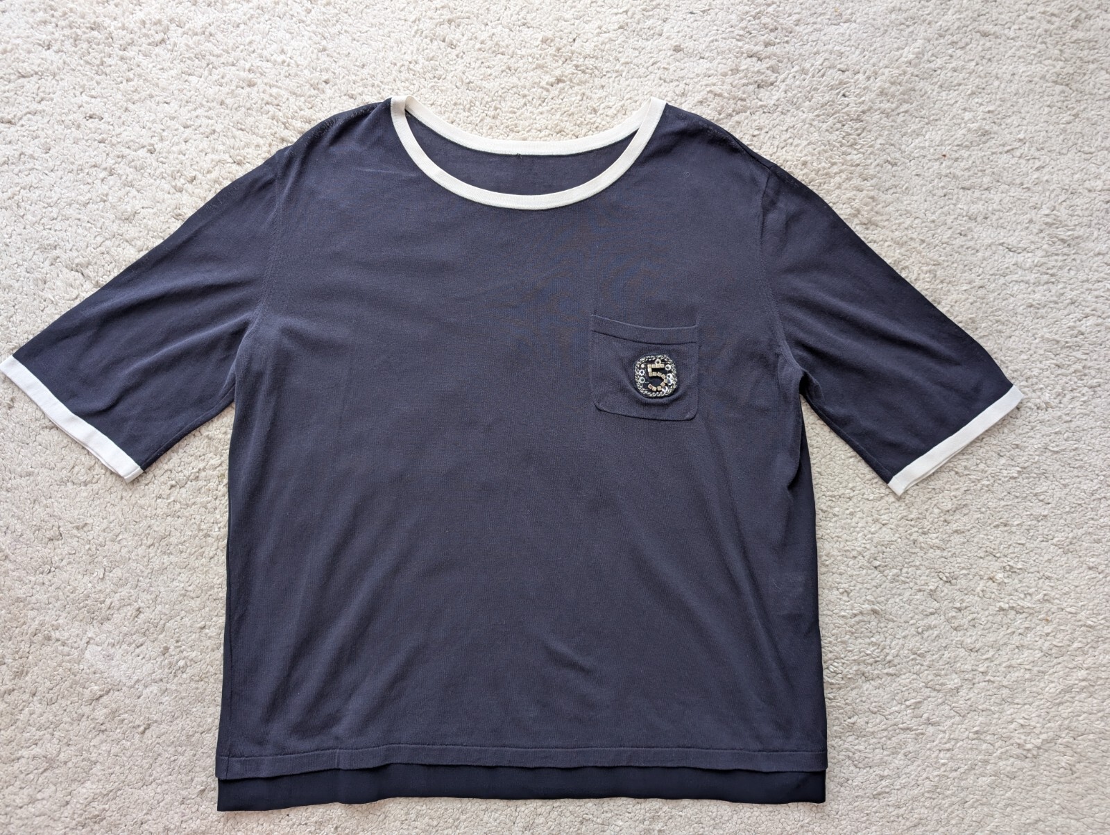 Chanel No 5 Embellished Logo Navy Silk Viscose Blouse Top T-Shirt Oversized 2XL
