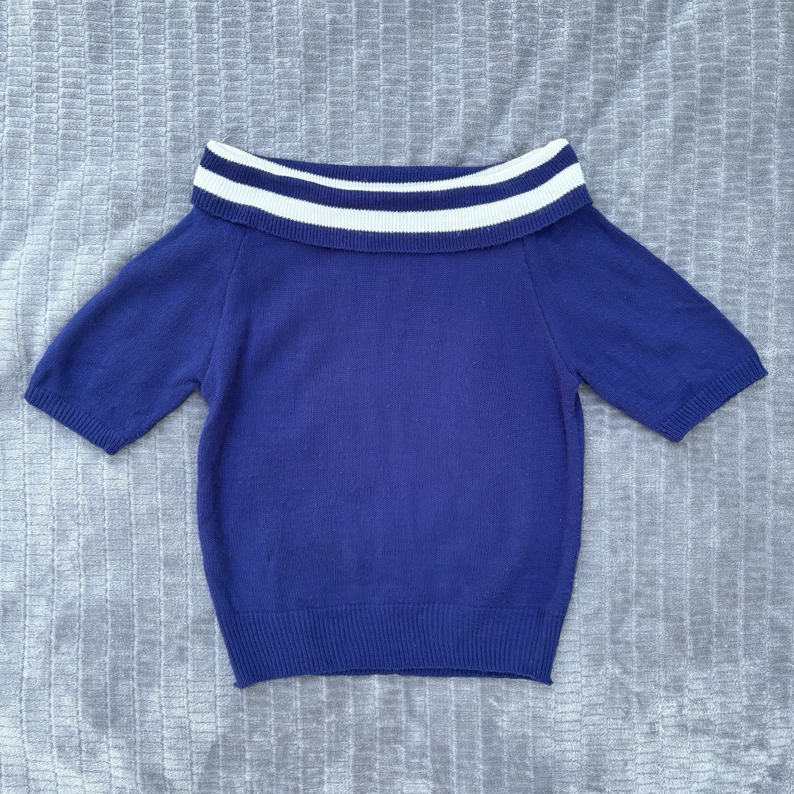 Vtg 80s NOTORIOUS Nautical Sailor Stripe Off Shoulder Bardot Knit Sweater M