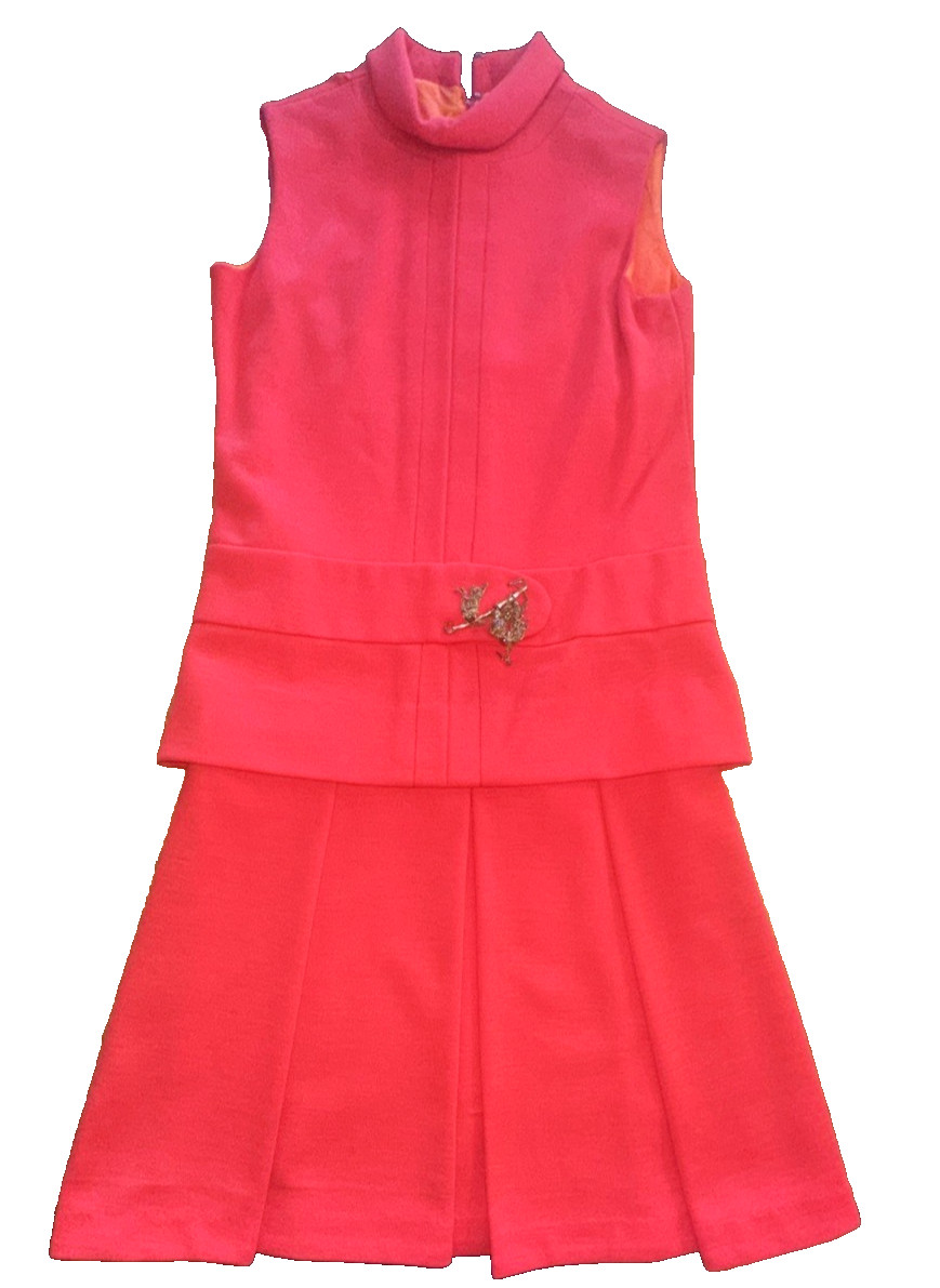 1960s Morton Myles Dress for Jeunesse 2 Pc Orange Knit w/ Brooch Twiggy Style