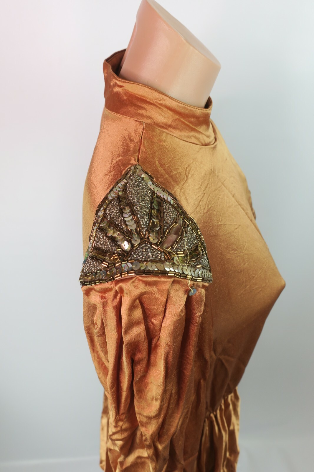 VTG 80s Bronze Gold Metallic House Dress Jonathan Hitchcock Sequin Fit Flare M/L