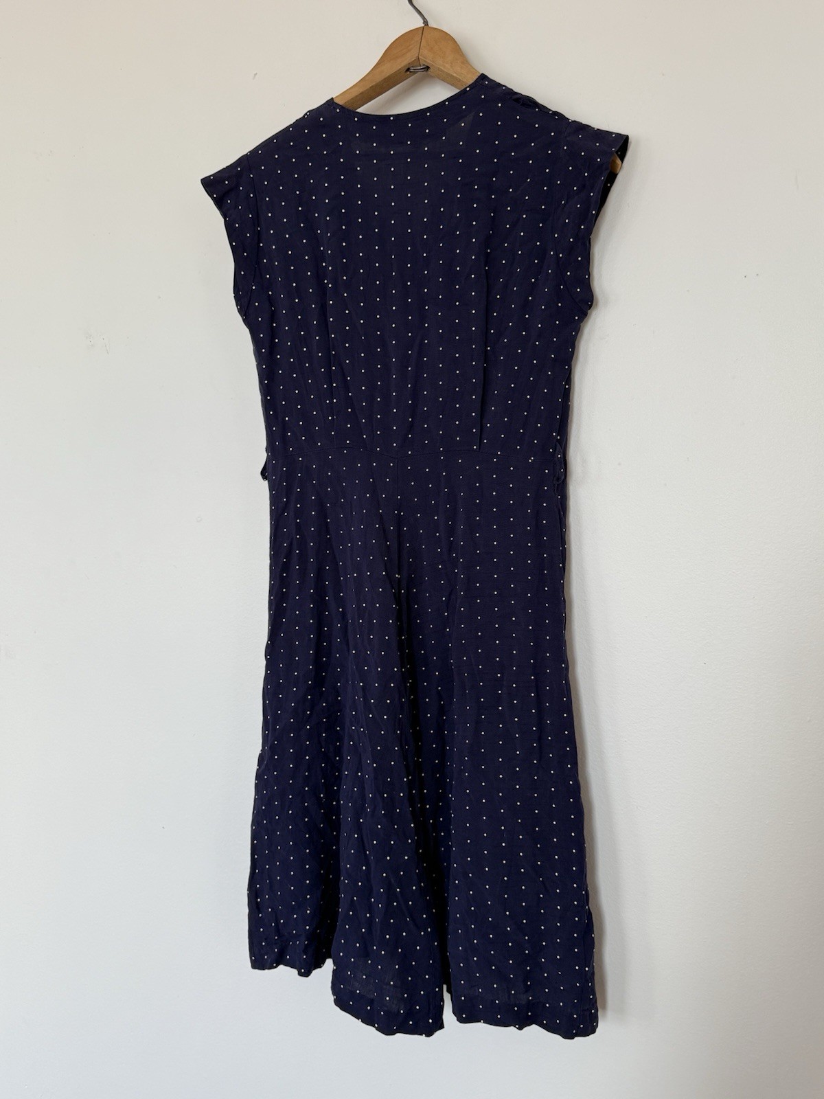 VINTAGE 40s FLOCKED POLKA DOT RAYON JERSEY BUTTON FRONT SLEEVELESS MIDI DRESS SM