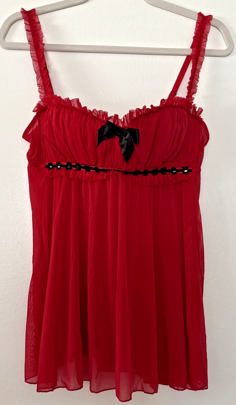 Vtg Fredericks of Hollywood L BabyDoll Slip Sheer Red Lace Coquette Burlesque