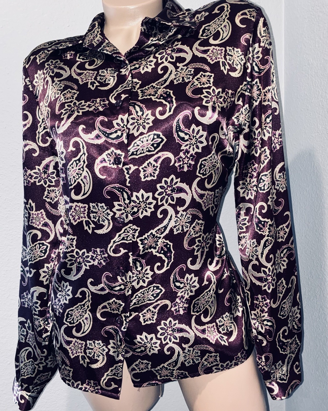 Vtg Purple Plum Paisley Long Sleeve Satin Blouse Top 14