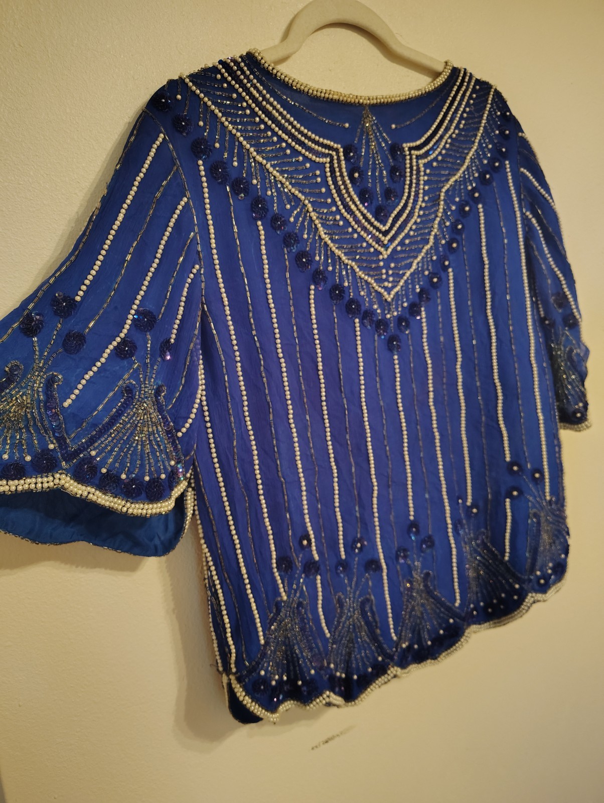 Vintage In Fashions 100% Silk Beaded Sequin Blouse – Royal Blue – Size M