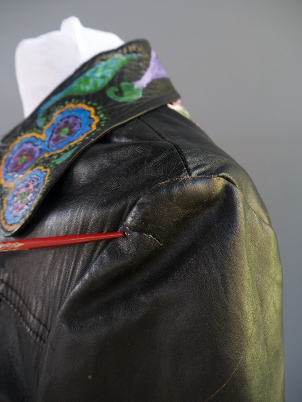 VTG Black Leather Jacket Mexican Day Of The Dead Applique Hand Painted S M