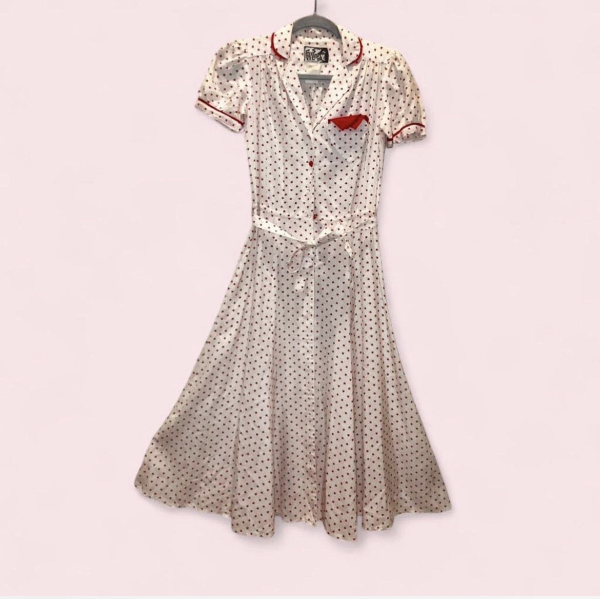 Foxy Lady SF Vintage 50s-Inspired Heart Polkadot Dress W/ Sash 70s Era Sz 3/4