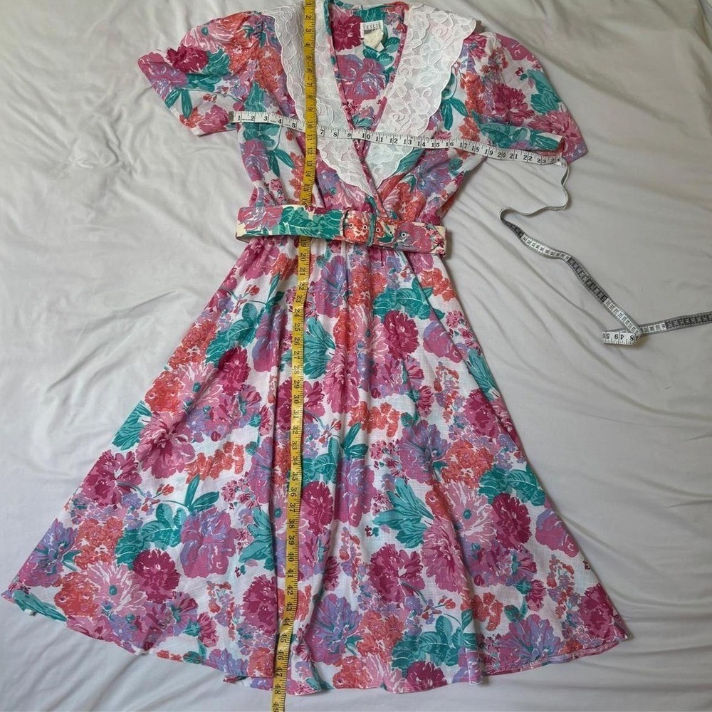 Pink, blue and white floral dress white lace collar belt VTG 80s Leslie Fay M