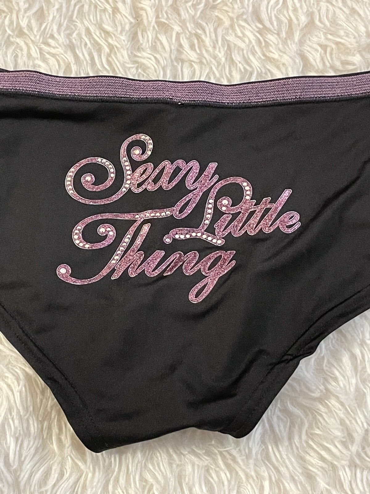 XS Vtg VICTORIA’S SECRET Sexy Little Thing RHINESTONE Panty Black Pink Glitter