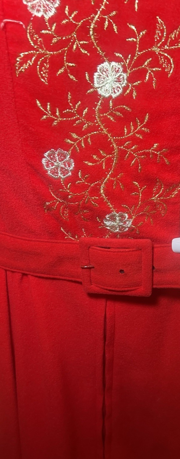 VTG LOUNGE CRAFT 60s Red Hostess Pajamas Loungewear Buckle Gold Embroidery S