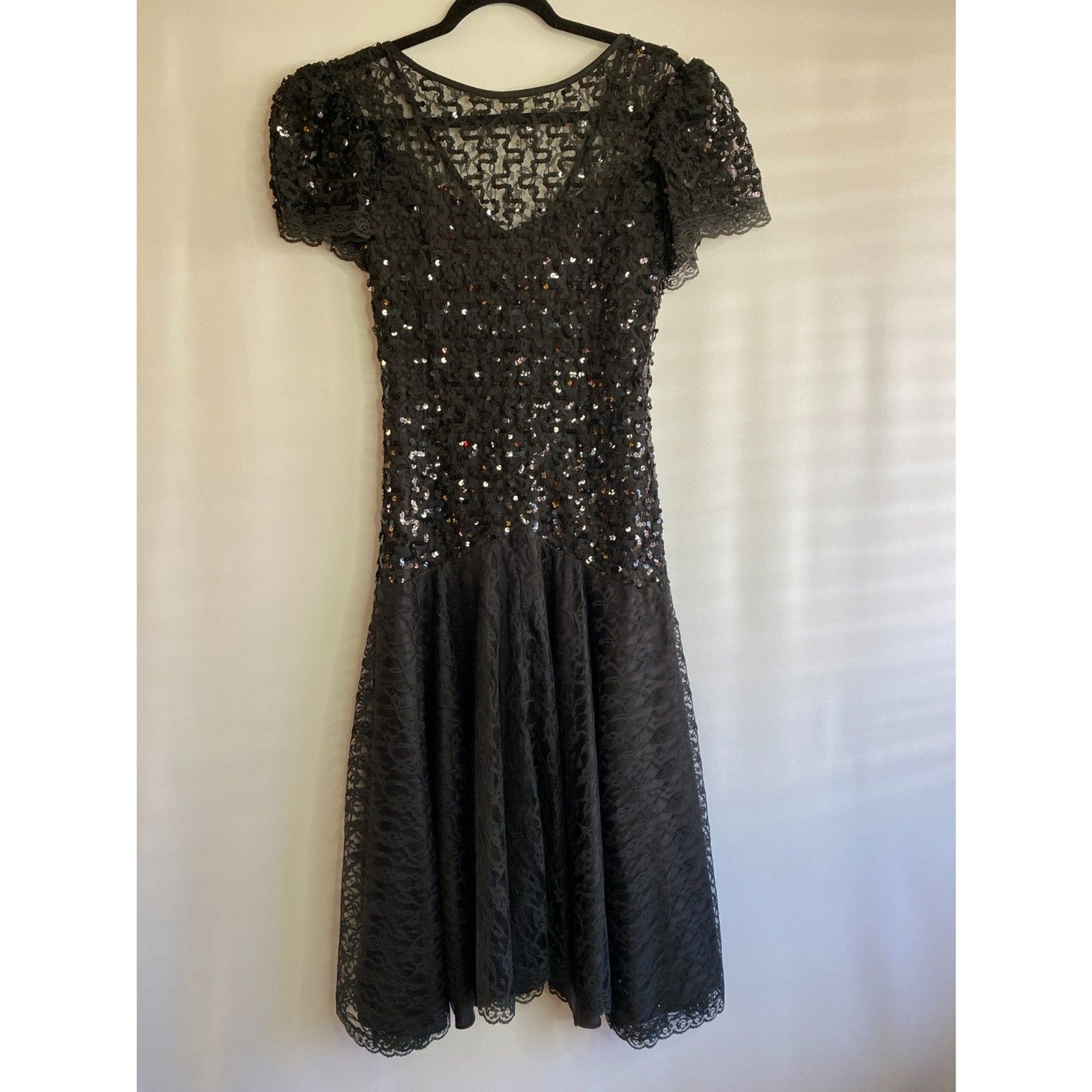 Vintage 80s Precious Moments Prom Coctail Dress Black Lace and Sequin Size 5/6