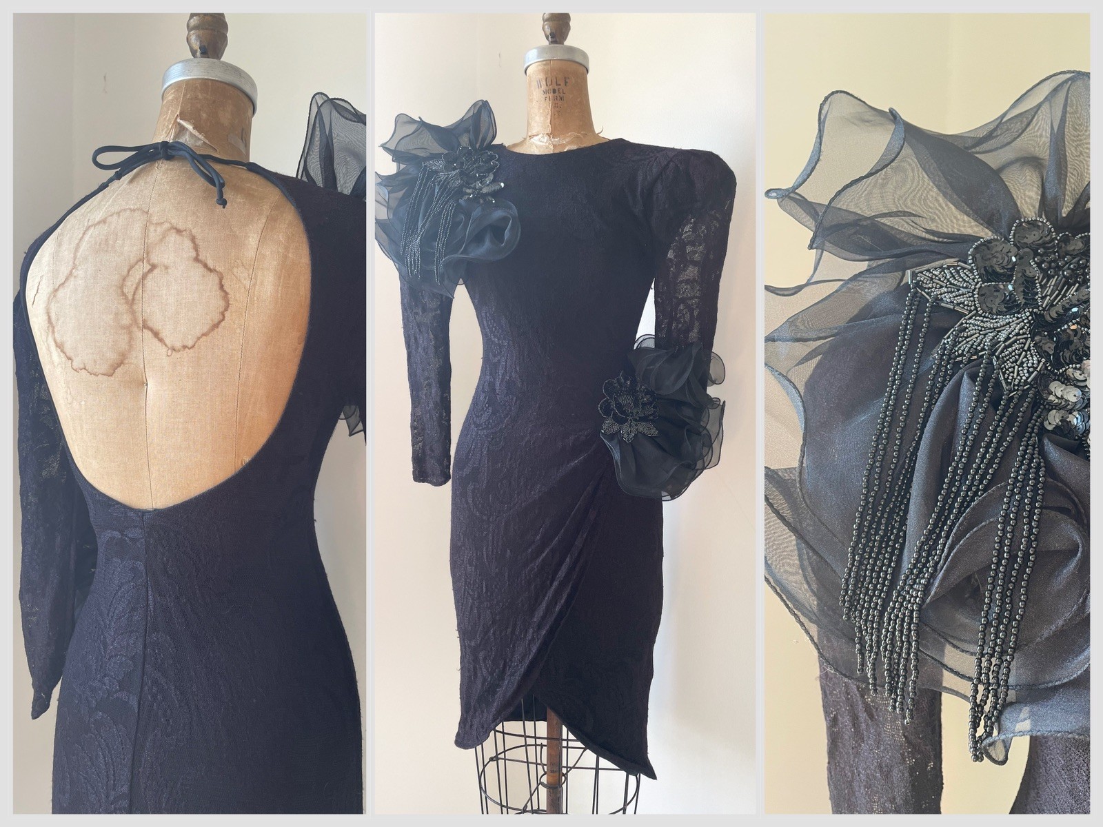 Vintage ‘80s David Howard Black Lace Sexy Body Con Dress Party Dramatic 6 XS/S