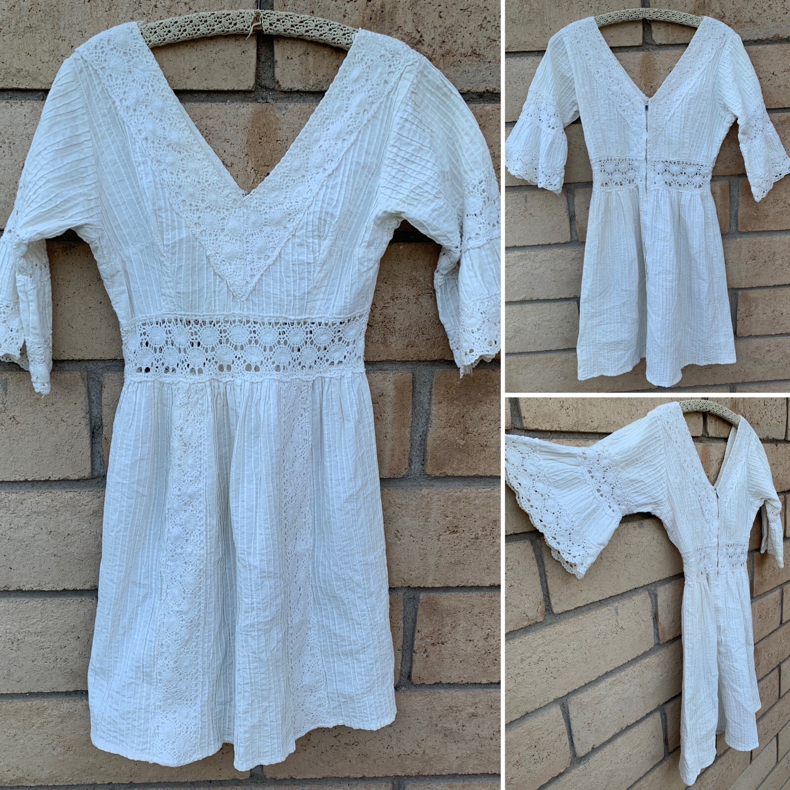 White Mexican Dress Metal Zipper Hippy Boho Peasant Hippie Chic vintage