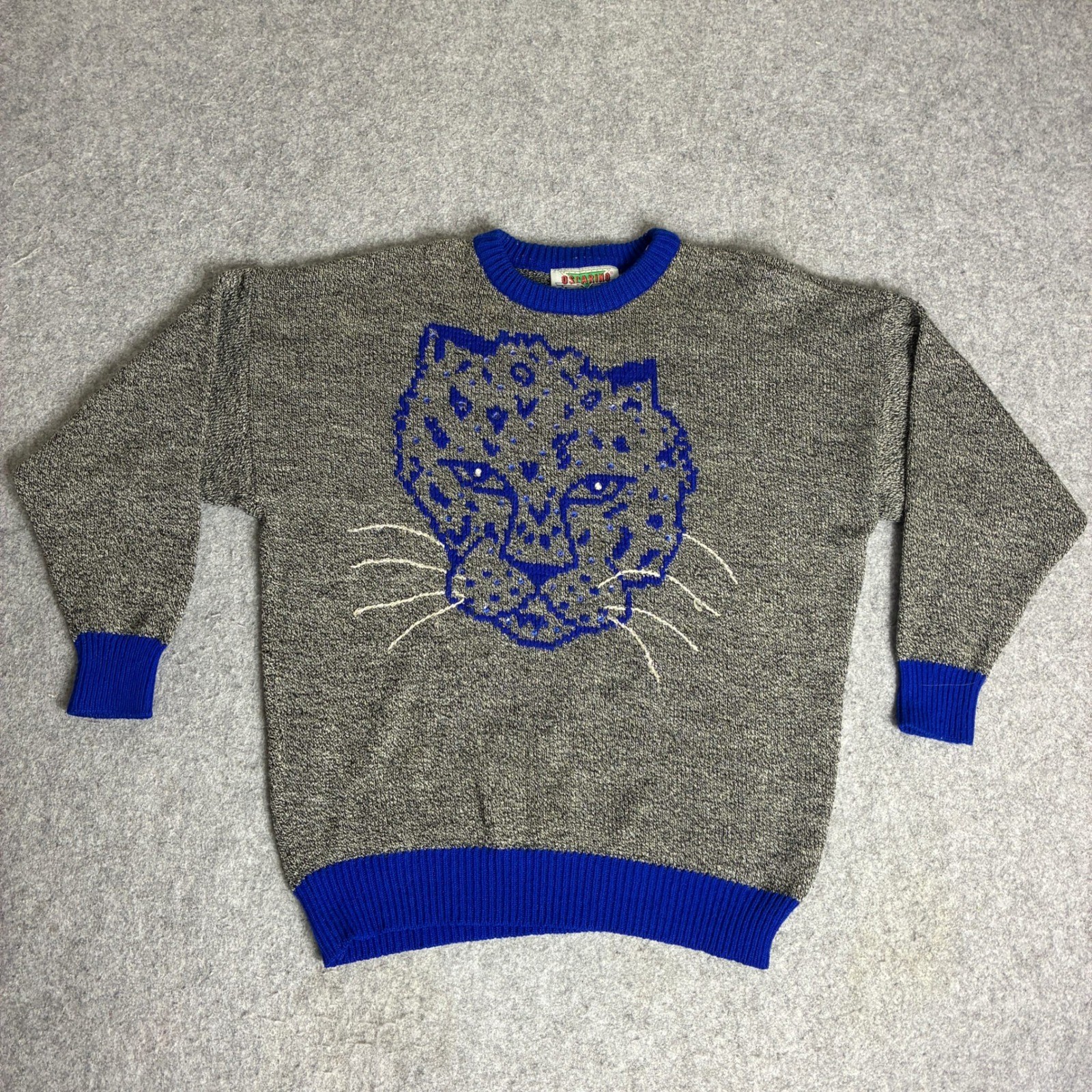 Vintage Oscarino Women’s Size Large Tall Grey Blue Leopard Knit Sweater Retro
