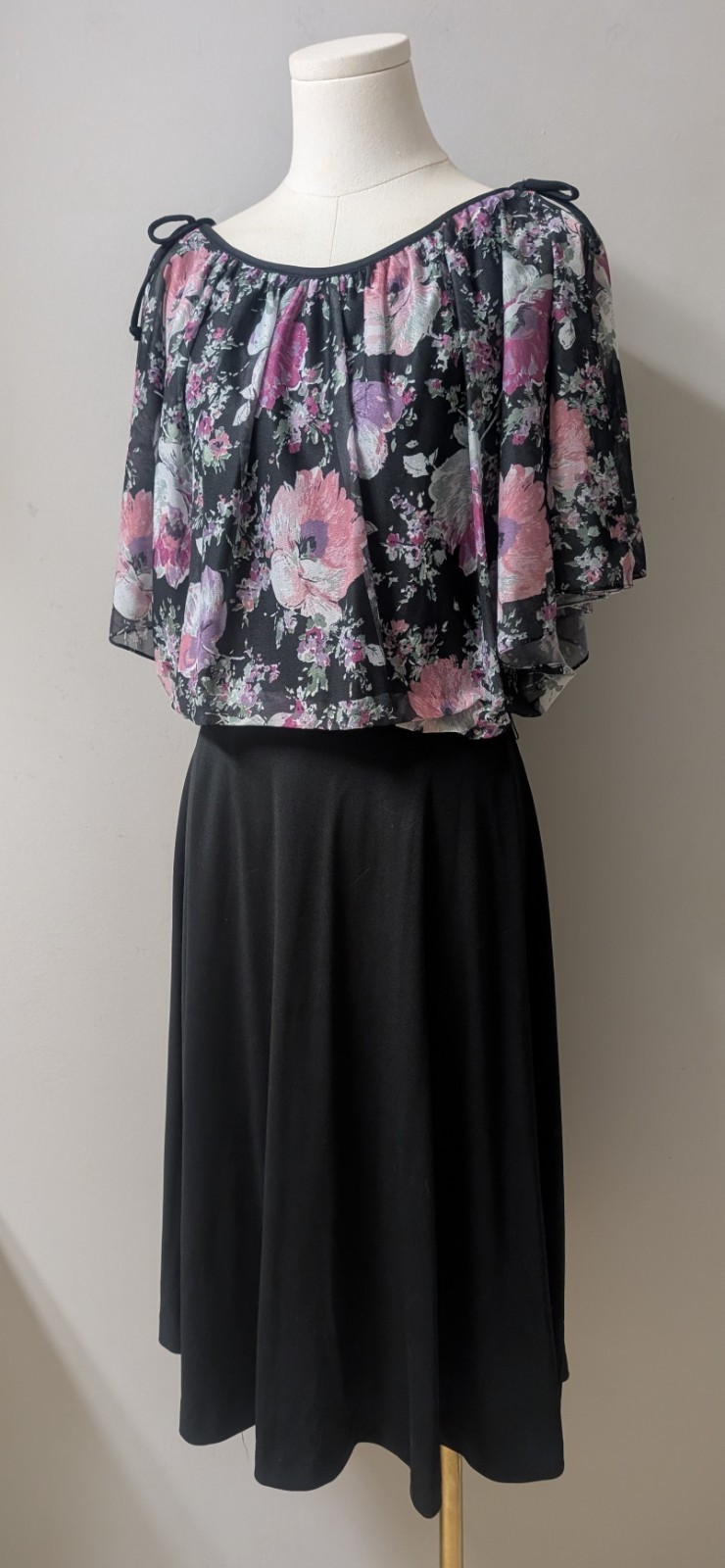 Vintage 70’s Disco Blouson Flutter Split Sleeve Dress Deadstock Black Floral S