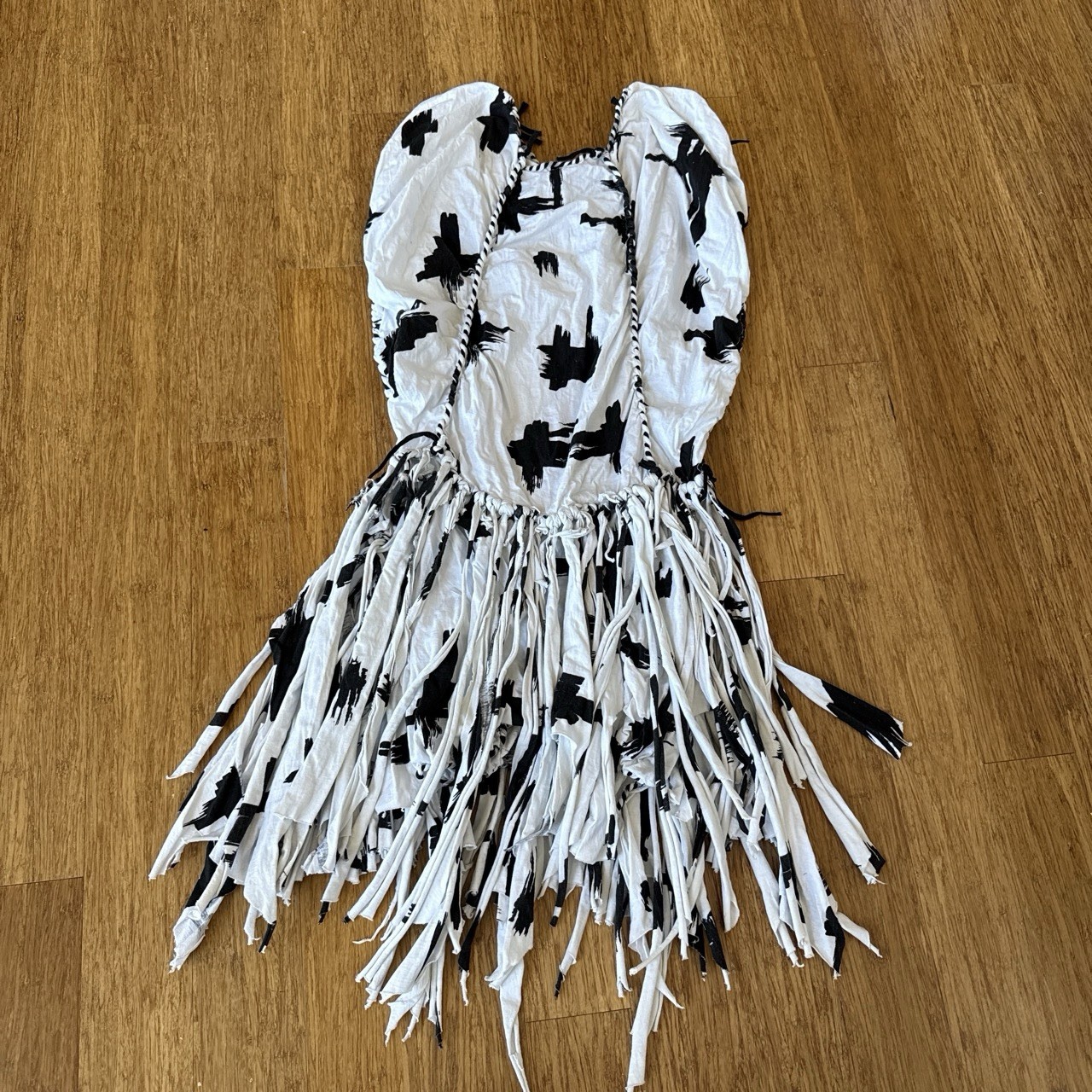 Vintage 1980S Braided Fringe Black-And-White Abstract Cotton Festival Dress Smal