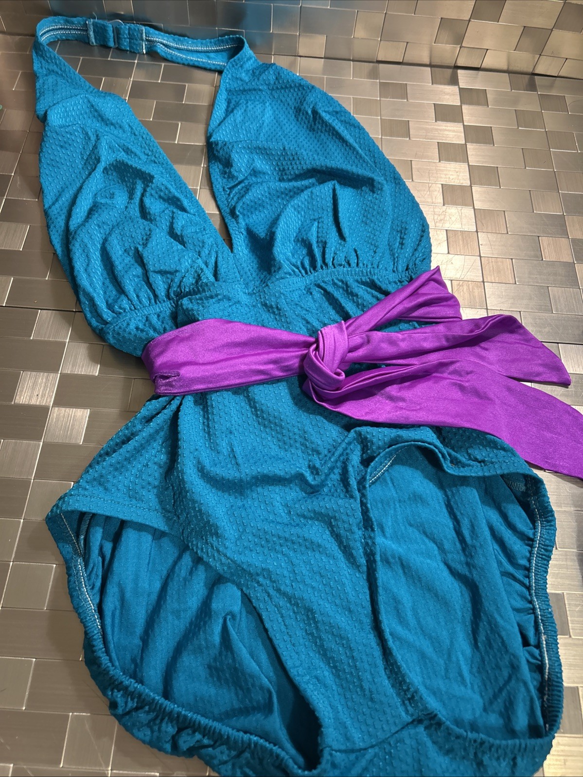 Vtg 80’ Rose Marie Reid Rose Teal/Purple Sash Waist One Piece Swimsuit Size See