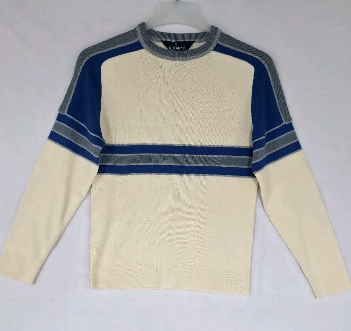 Vtg Herman’s Ladies Blue/Ivory Striped Wool Blend Ski Snowboard Sweater Sz L