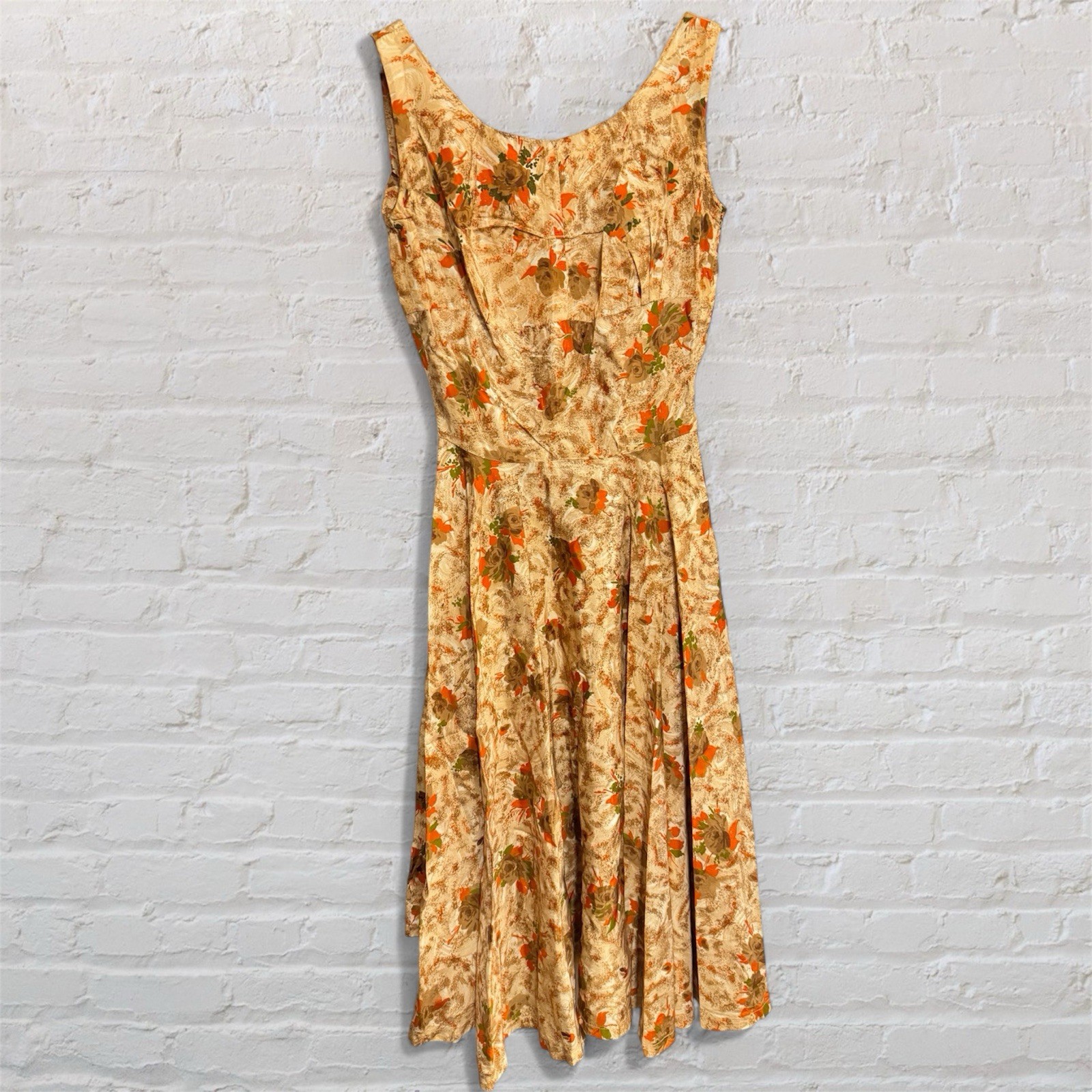 Vintage MCM 50s/60s Handmade Dress Tea Length Earth Tones Floral Fit & Flare XXS