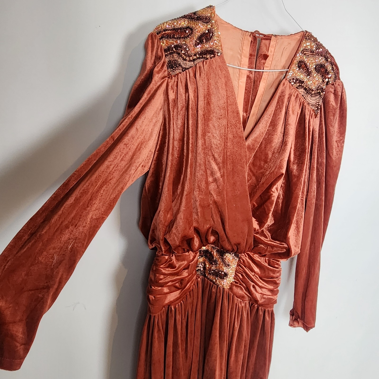 Vintage 80s Rust Velvet Dress 10 Beaded Disco Studio 54 Draped Rare John Charles