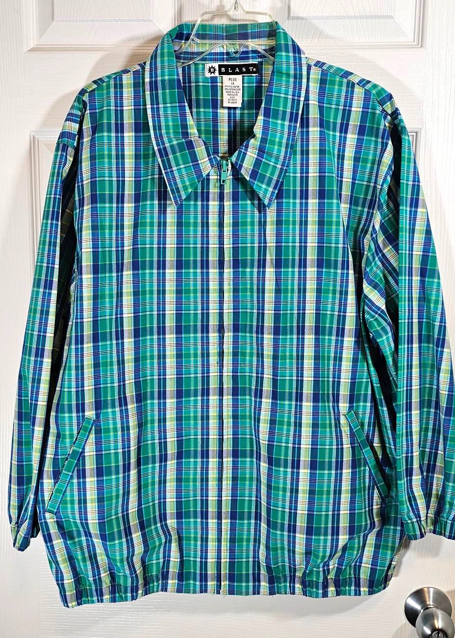 Vintage BLAST 90s Jacket Windbreaker Blue Green Plaid Harrington Womens Plus 1X