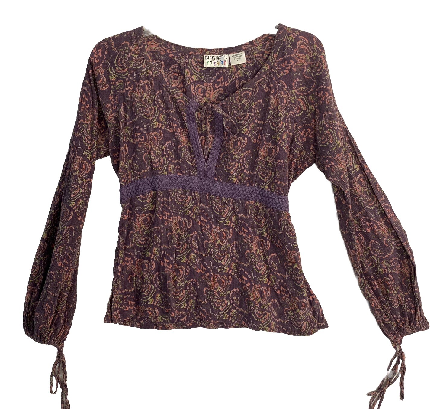 VTG Boho Peasant Balloon Sleeve Gauze Top L Purple Paisley 90s Blouse