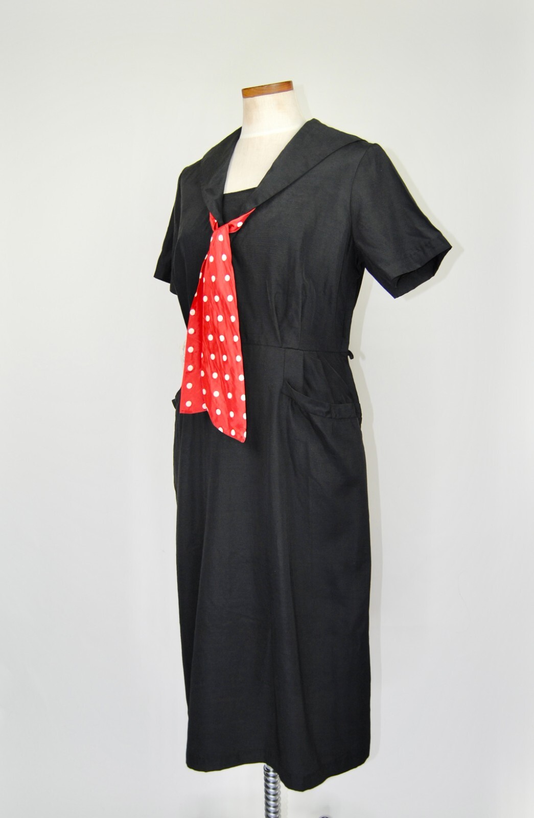 1950s Vintage Pat Perkins New Old Stock Black Dress with Red Polkadot Scarf – XL