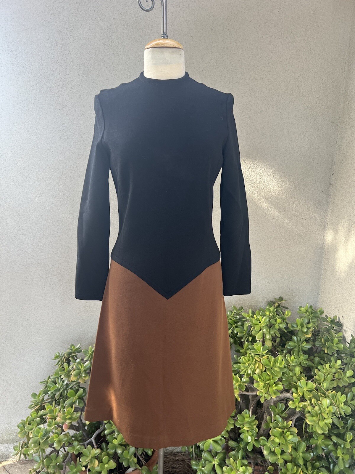 Vtg Wool Knit Dress A Line Block Black Brown Colors Sz S/M Kimberly