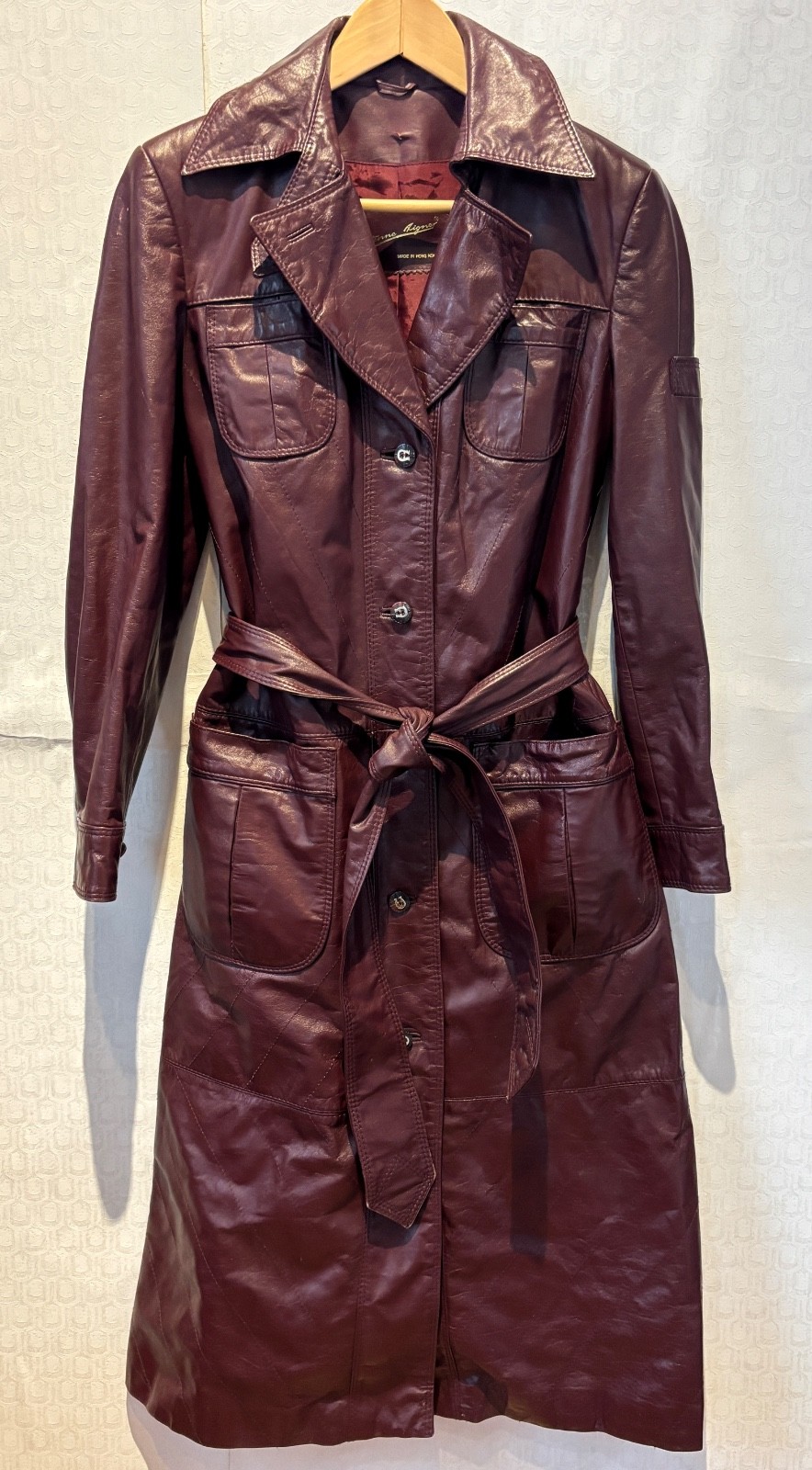 VTG ETIENNE AIGNER BURGUNDY OXBLOOD LONG LEATHER SPY TRENCH COAT JACKET+LINING*S