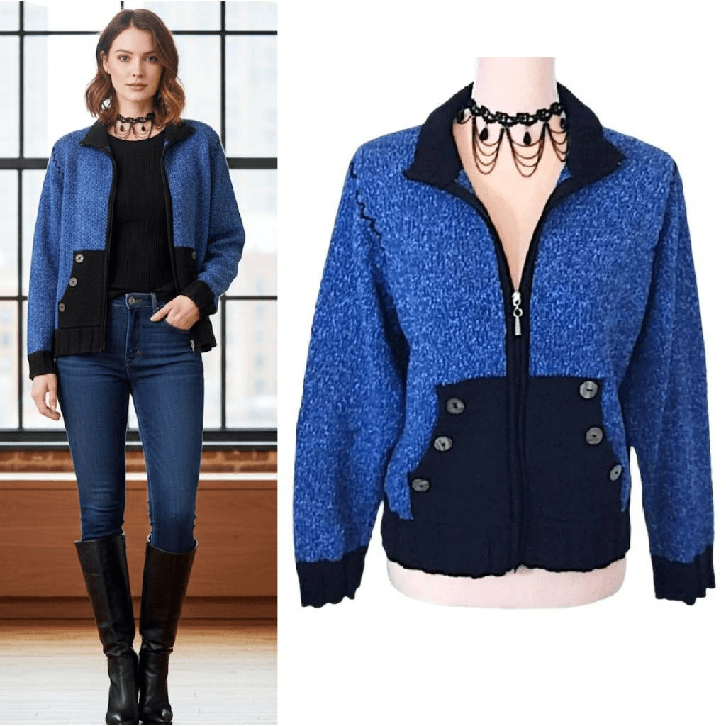 VTG 80s 90s Fia Italia Handloomed Blue Black Knit Zip Cardigan Sweater XL