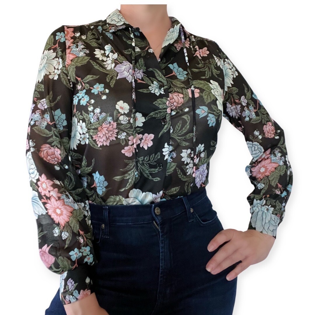 Vintage Lady Arrow 1970s Black Floral Semi-Sheer Blouse – Size 8 (Fits S/M)