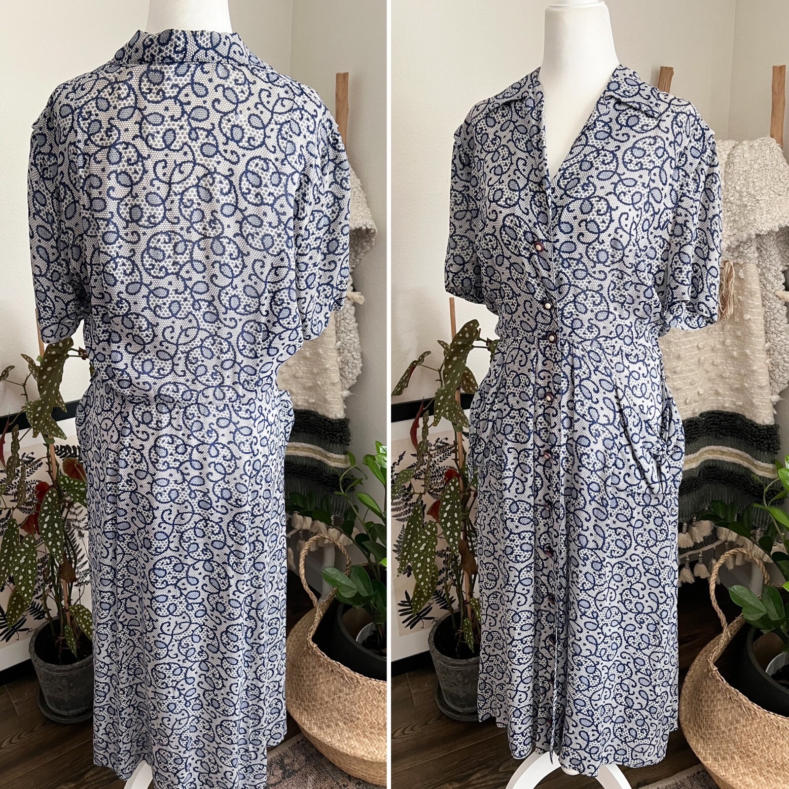 Vintage 40s Blue 1940s Women’s Patterned Rayon Button Swing Day Dress