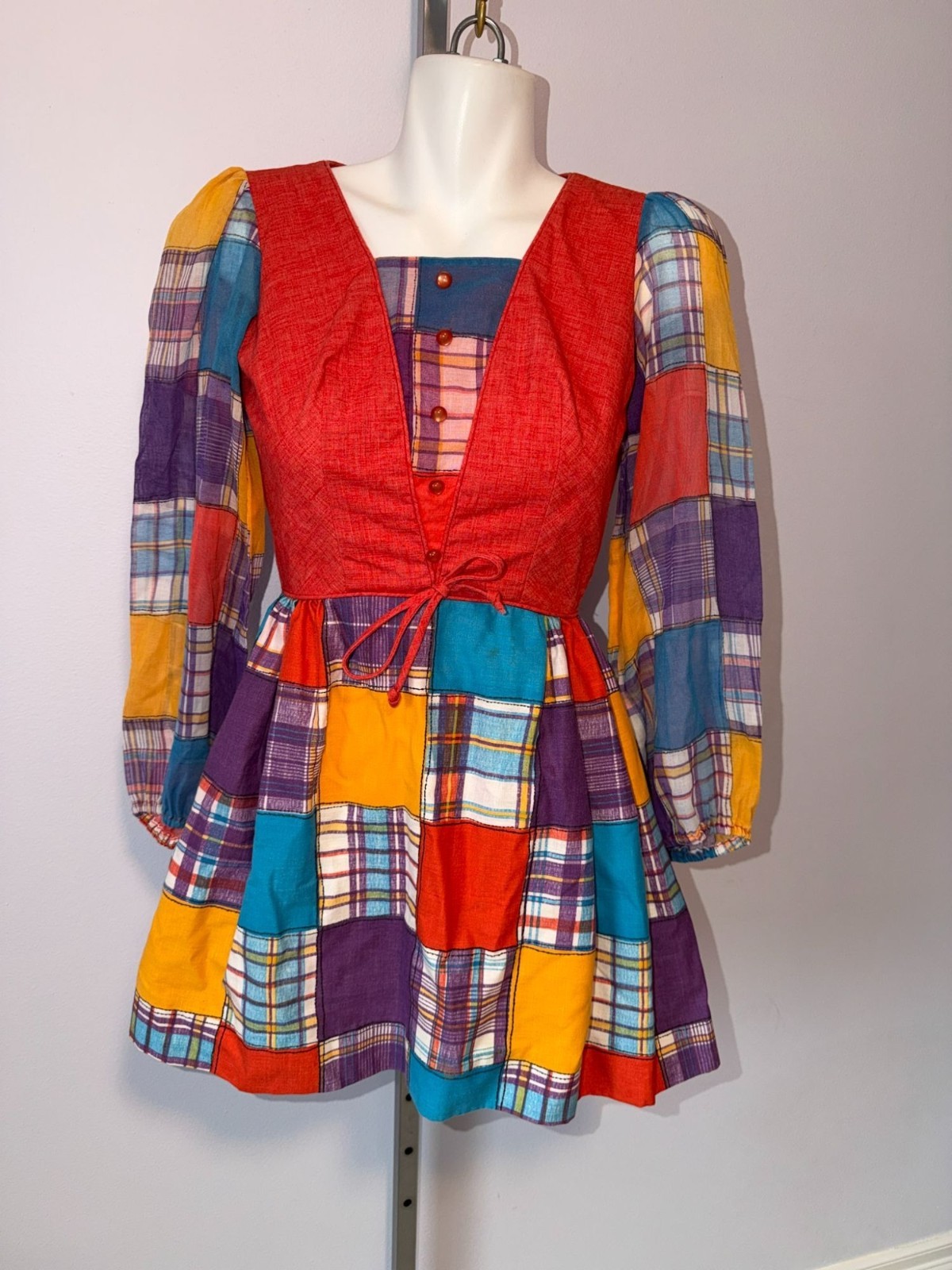 Vintage 70s Patchwork Plaid Micro Mini Dress Faux Vest Red Babydoll XXS/XS
