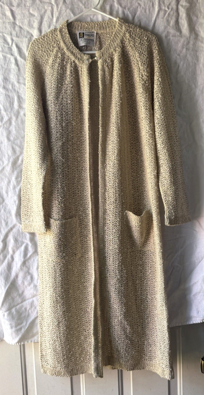 Vintage Pallas Hand Loomed Irish Linen Duster Cardigan Open Knit Cream