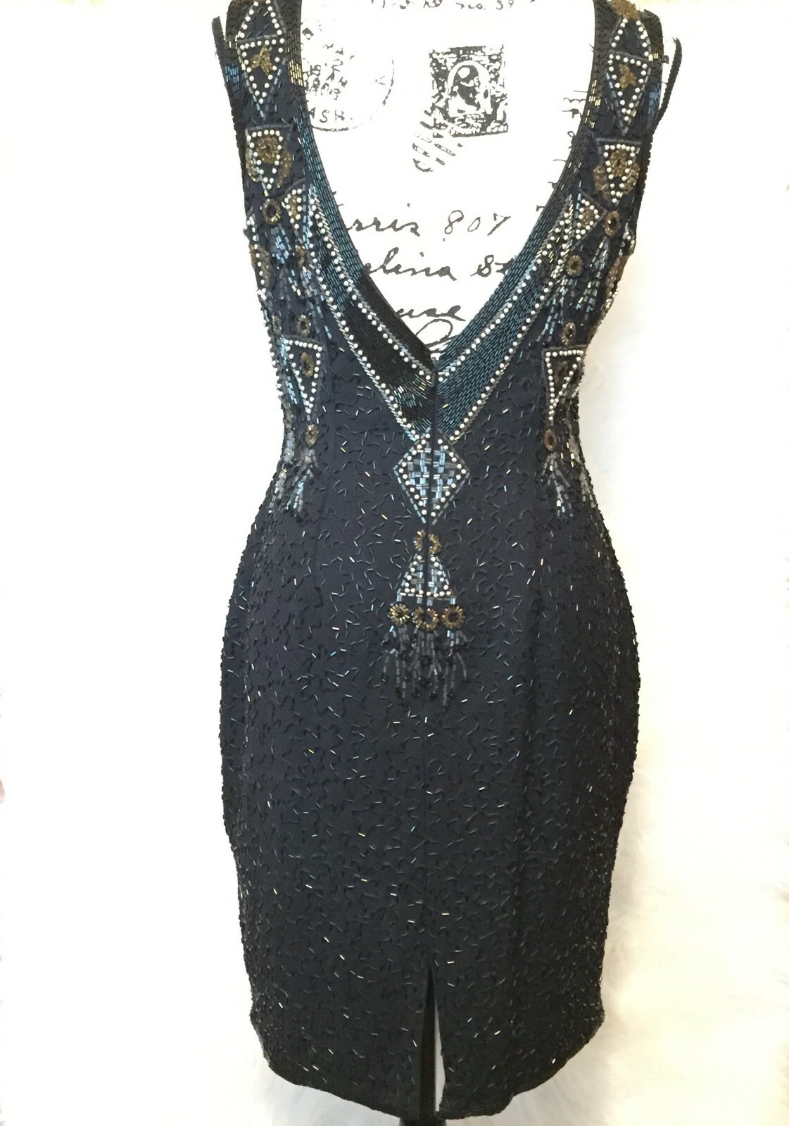 Vintage A.J. Black Formal Dress Gold and Silver Beaded Size 8 100% Wool