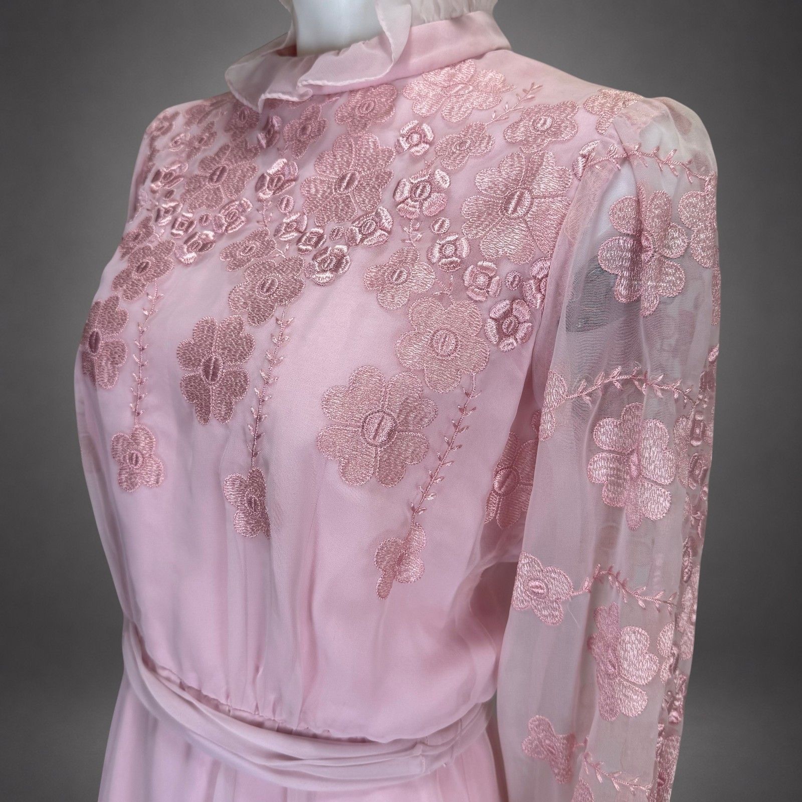 Vintage Miss Elliette California Pink Embroidered Chiffon Maxi Dress Size 12 NWT