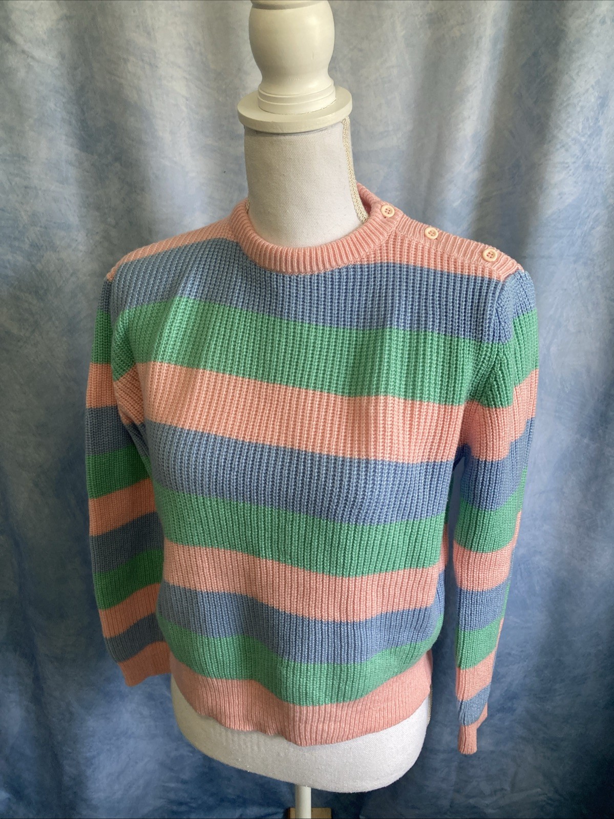 Vtg 80s Palmettos Pastel Stripe Knit Sweater XS GUC Retro Buttons Mint Pink Blue