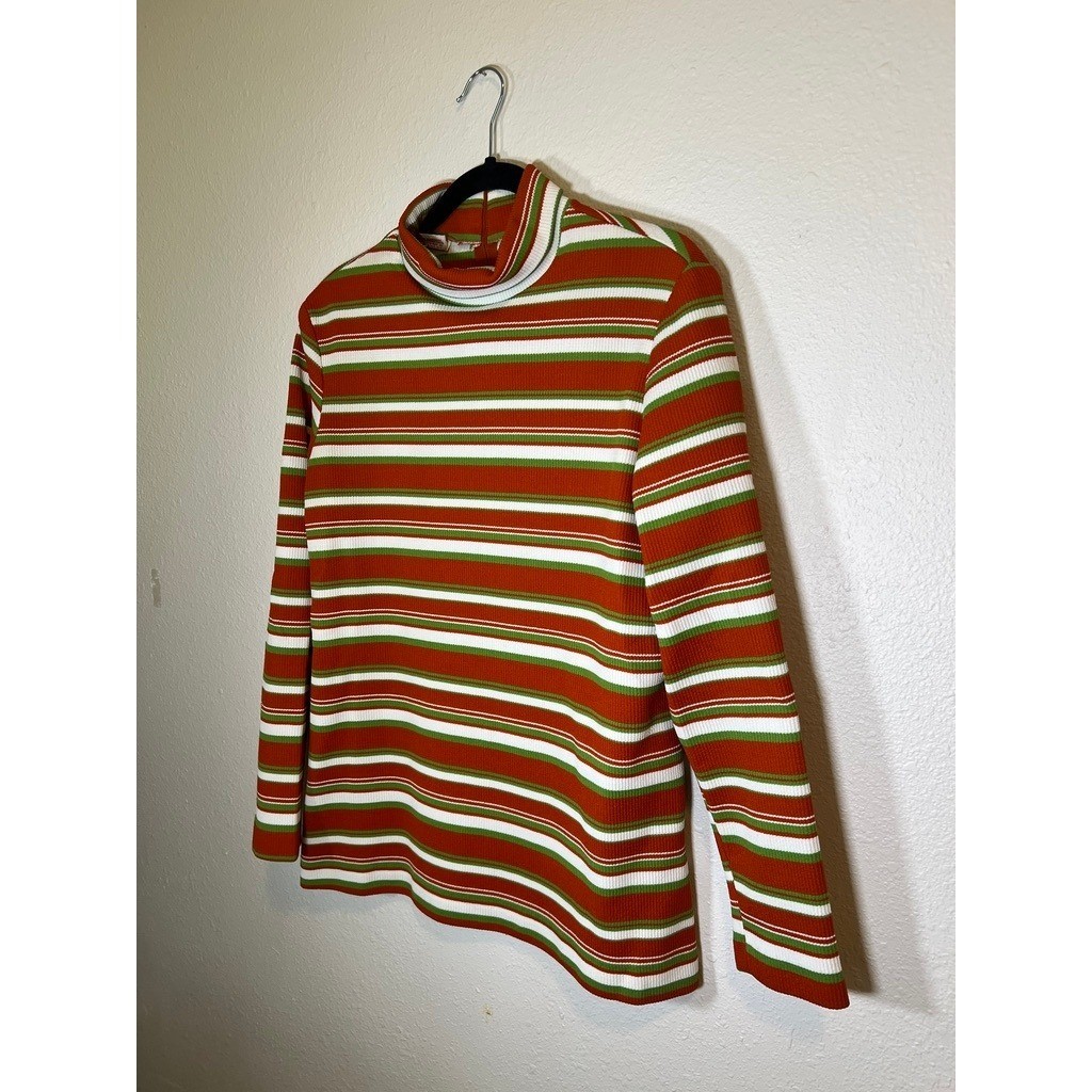 Vintage Mock Turtleneck Top M Striped 1970s Zip Ribbed Knit Poly Orange Green