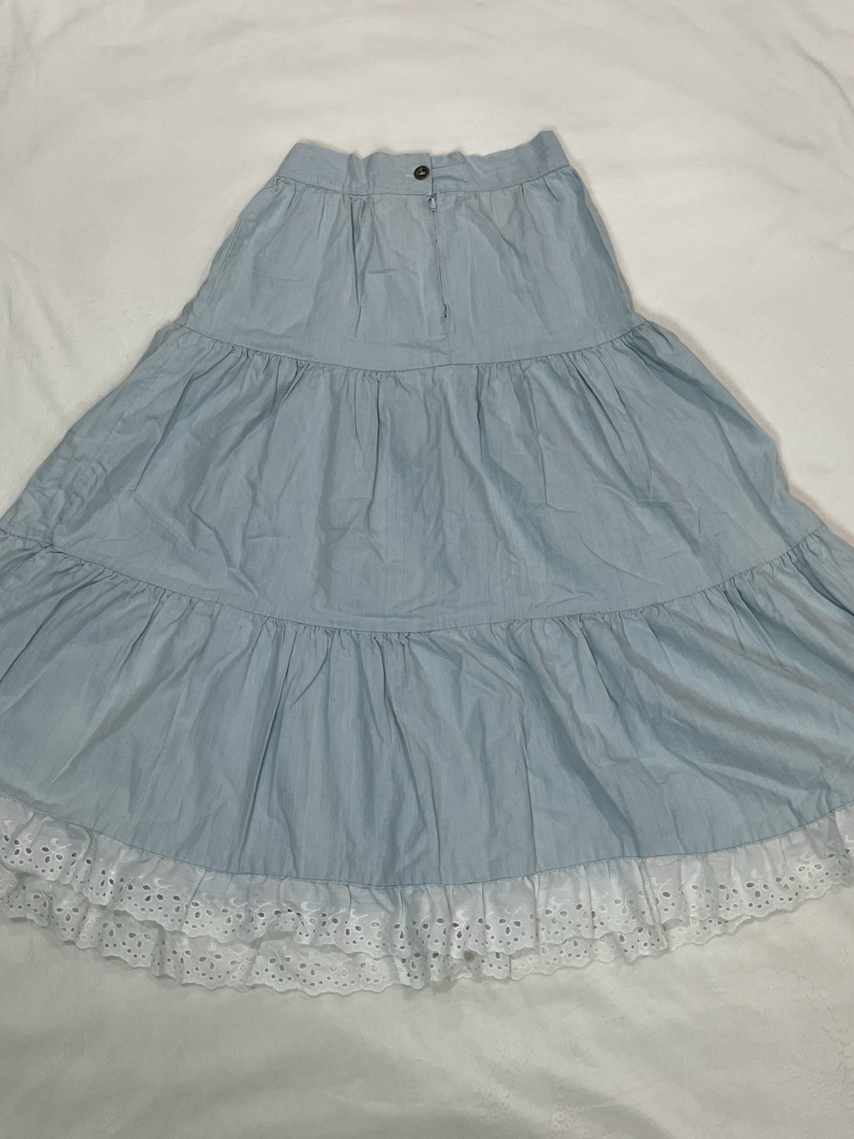 Tarazzia Vintage Midi A-line Skirt Light Denim With White Lace Whimsical