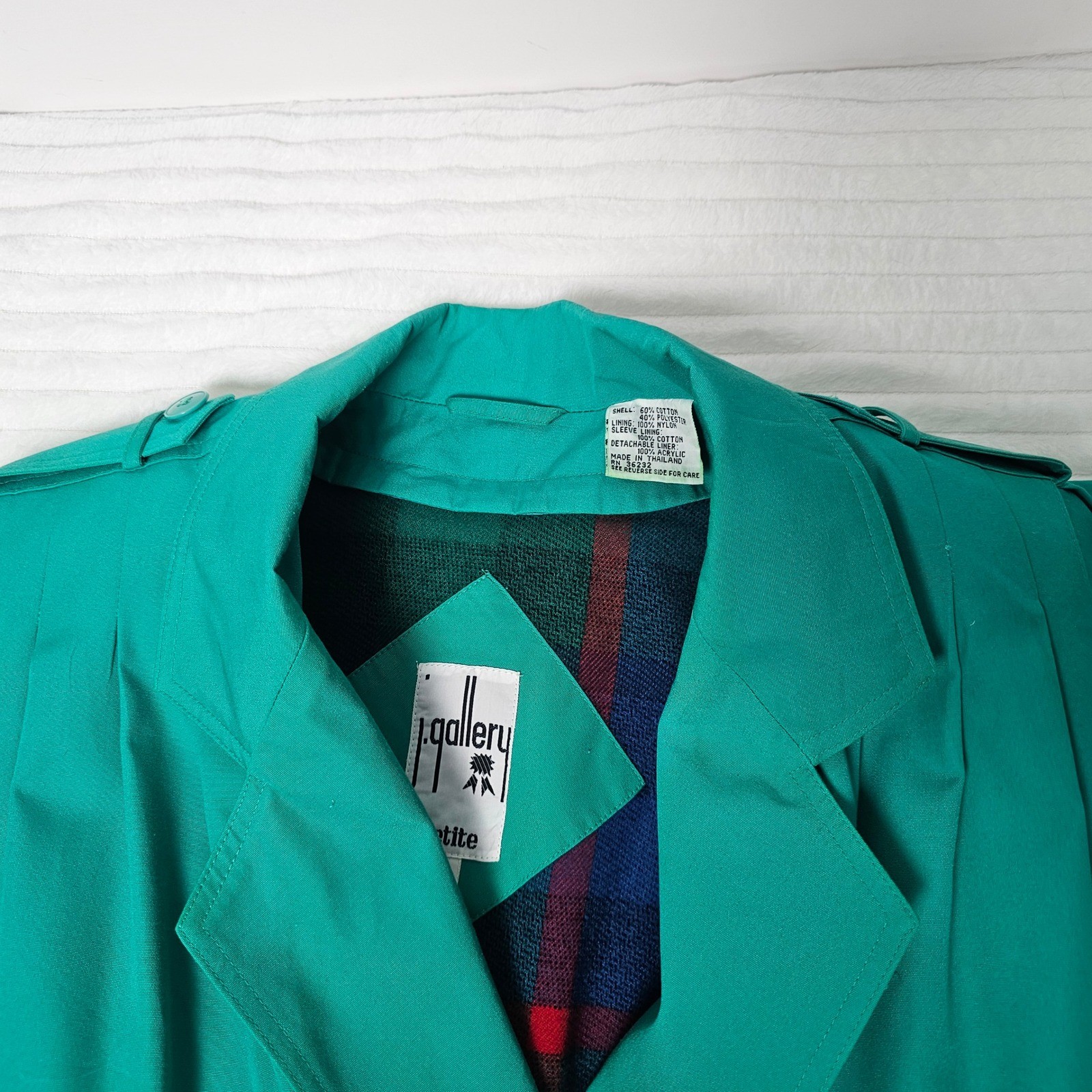 J. Gallery Womens Vintage Belted Trench Coat 9/10 Petite Teal Green Classic Prep