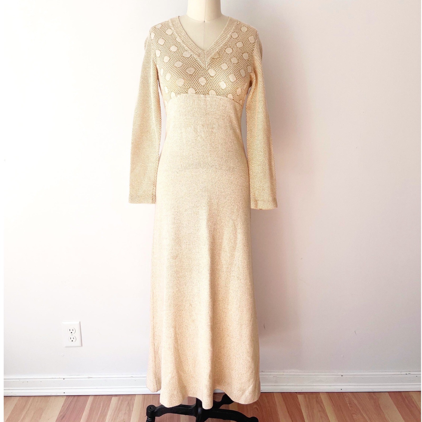 SIZE S Francesca for Damon Maxi Dress Gold Metallic Knit Polka Dot Vintage 70s