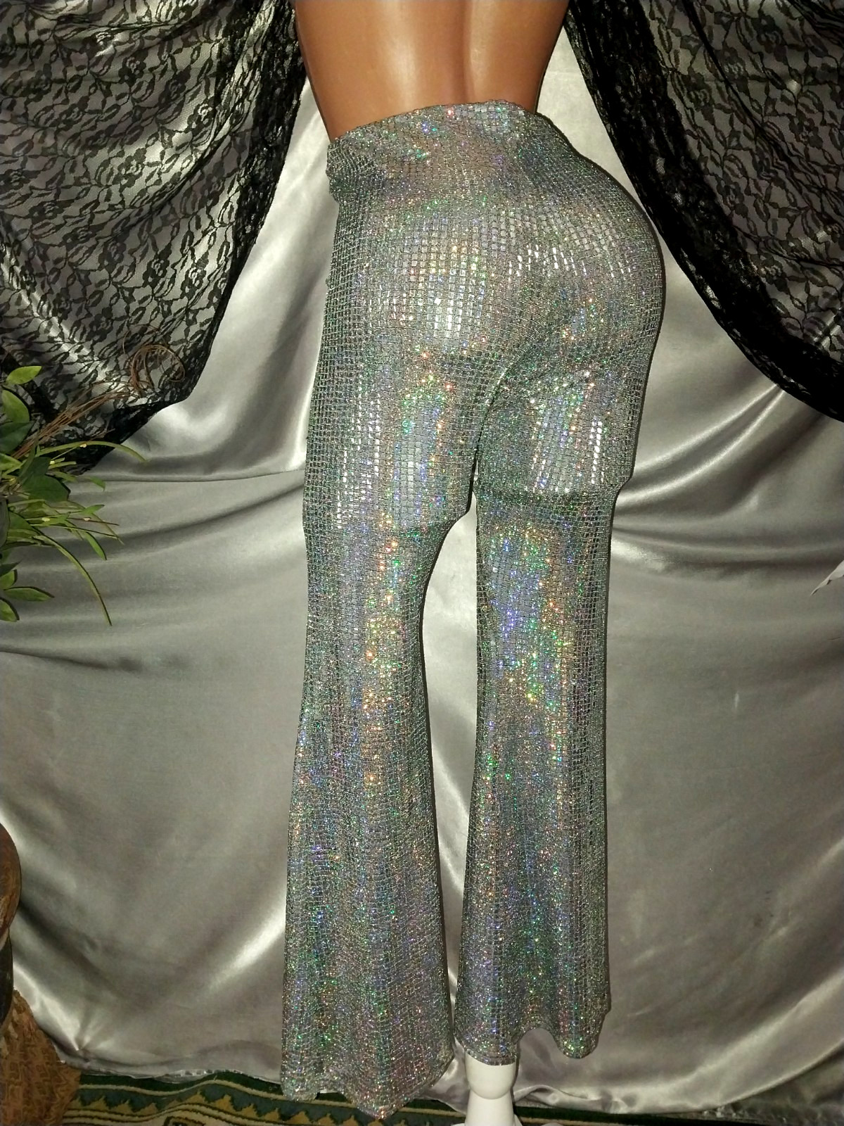 VTG SATIN SHINY CARNIVAL FLASHBULB HOLOGRAM SILVER DISCO SPANDEX FOIL PANTS